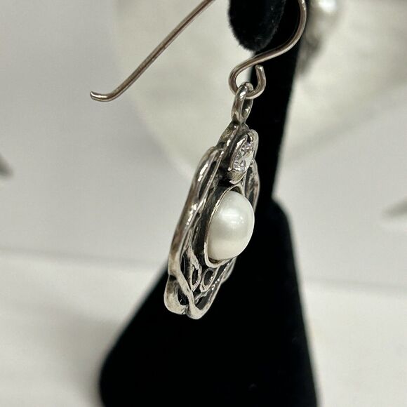 Didae Shablool Pearl CZ Modernist Dangle Earrings 925 Sterling Silver Signed - Picture 4 of 9